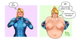 1girls bbw bodysuit breasts dialogue female female_only huge_belly huge_breasts large_breasts metroid overweight overweight_female rift_ninja samus_aran solo solo_female text undressing weight_gain