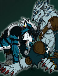 2boys anthro armor belt blue_fur blush canine claws digimon ear_piercing erection fangs fellatio fur furry gay handjob male male_only no_humans oral oral_sex orange_eyes paws penis piercing regentshaw saliva scar sex testicles tongue weregarurumon yellow_eyes