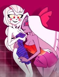 bath_towel bathroom bisexual_pride_colors charlie_morningstar_(hazbin_hotel) couple hazbin_hotel lesbian_pride_colors love nude nude_female pleasure_face romantic_ambiance romantic_couple smile tonyneely vaggie_(hazbin_hotel) yuri