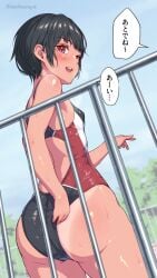 1girls accidental_exposure adjusting_clothes ass black_hair blush bottom_heavy female heavy_breathing japanese_text kanikatsuya looking_at_viewer looking_back open_mouth pool red_eyes short_hair small_breasts solo_focus sweat swimsuit talking tan tanline tanline_peek upper_teeth_only