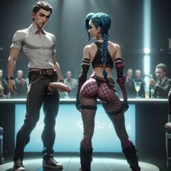 ai_generated arcane arcane_jinx ass_focus big_penis black_g-string black_thong blue_hair boots fishnets jinx_(league_of_legends) league_of_legends male night_club nightclub patreon patreon_username penis perfect_feet stripclub twin_braids whatajinx