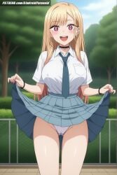 accurate_art_style ai_generated aindroidparanoid ass big_breasts blonde_hair breasts busty cameltoe cosplayer curvy cute fat_ass grass hips huge_breasts kitagawa_marin legs lifting_skirt long_hair narrow_waist necktie outdoors panties park red_eyes school_uniform schoolgirl schoolgirl_uniform shirt skirt slim_waist sono_bisque_doll_wa_koi_wo_suru stable_diffusion standing straight_hair sunny tight_clothing