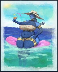 2024 2d beach belly belly_button big_breasts blinking breasts breasts_bigger_than_head crab crab_girl drink half_naked large_breasts lobsteragent12 maya_(lobsteragent12) panties straw_hat summer tagme tattoo tattoos thick_thighs thunder_thighs water wide_hips