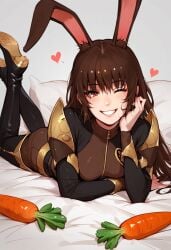 1girls ai_generated boots brown_eyes brown_hair bunny_ears bunny_girl carrot faunus female_only long_hair looking_at_viewer on_bed rabbit_ears rabbit_girl rabbit_humanoid rwby seductive seductive_eyes seductive_look seductive_smile shiny_hair shiny_skin solo solo_female tagme thigh_boots velvet_scarlatina