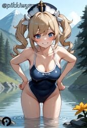 ai_generated ass_visible_through_thighs bangs barbara_(genshin_impact) bare_arms bare_shoulders blonde_hair blue_eyes blue_one-piece_swimsuit blue_sky blush breasts cleavage collarbone competition_school_swimsuit covered_navel cowboy_shot day drill_hair female flower genshin_impact grin hands_on_hips hat highleg highleg_swimsuit large_breasts leaning_forward long_hair looking_at_viewer medium_breasts nature one-piece_swimsuit outdoors pikkiwynn rock school_swimsuit sky smile solo standing swimsuit thighs twin_drills twintails wading water wet white_headwear yellow_flower