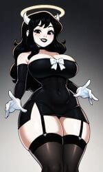 ai_generated alice_angel bendy_and_the_dark_revival bendy_and_the_ink_machine bigpervywig black_hair breasts cleavage female_only huge_breasts lipstick thick_thighs thighhighs