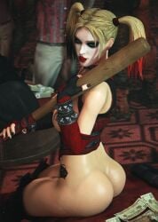 3d ass batman:_arkham_city batman_(series) big_breasts blonde_hair blue_eyes breasts bubble_butt busty corset dc dc_comics female female_focus female_only harley_quinn harley_quinn_(arkham) harley_quinn_(arkham_city) hourglass_figure long_hair makeup rear_view sideboob sitting tagme tattoo twintails wide_hips wildynsfw