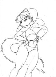 2023 absurd_res anthro bandana big_breasts bracelet canid canine chochi cleavage clothing curvy_figure female hands_on_hips hands_on_waist hourglass_figure jewelry kerchief mammal mature_female midriff monochrome pants peggy_wolf pencil_(artwork) solo thong_straps tight_pants wolf