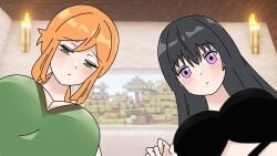 2girls alex_(minecraft) black_hair corngak endergirl enderman enderwoman female ginger ginger_hair green_eyes minecraft orange_hair purple_eyes tagme