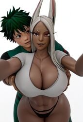 1boy 1girls 3d 3d_(artwork) absurd_res black_panties bunny_ears cg cg_art cgi dark-skinned_female female freckles freckles_on_face grabbing_breasts grabbing_breasts_from_behind grabbing_from_behind green_eyes green_hair hands_on_breasts hi_res huge_breasts imminent_sex izuku_midoriya light-skinned_male male male/female mirko miruko my_hero_academia panties rabbit_ears red_eyes rumi_usagiyama taking_picture taking_selfie