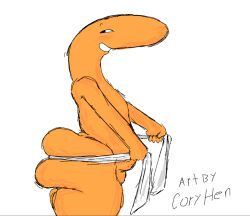 artist_name big_nose coryhen_(artist) fat_ass holding_towel nude orange_skin original_character self_upload towel