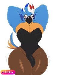 2018 absurd_res amber_eyes anthro avian barazoku bird blue_body blue_feathers blush breath_of_the_wild bulge bunny_costume clothed clothing costume crossdressing digital_media_(artwork) feathers femboy hands_behind_head hi_res kass_(tloz) legwear looking_at_viewer male male_only muscular muscular_anthro muscular_male nintendo pecs playboy_bunny rito simple_background small_waist solo sssonic2 the_legend_of_zelda thick_thighs tights white_background wide_hipped_anthro wide_hipped_male wide_hips