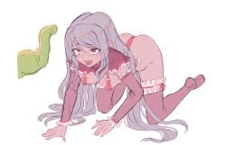 all_fours blush breasts bukkake_factory bukkakefactory detached_sleeves female grey_hair imminent_fellatio long_hair long_sleeves no_shoes overlord_(maruyama) red_eyes red_thighhighs shalltear_bloodfallen simple_background small_breasts teeth tentacle thighhighs tongue tongue_out upper_teeth_only white_background