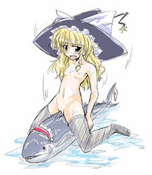 alice_margatroid animalization blonde_hair blush braid crotch_rub female fish flat_chest grinding hat human long_hair looking_at_viewer marisa_kirisame naked_thighhighs navel nibi nipples nude open_mouth panties pussy solo star thighhighs touhou transformation underwear wet what witch_hat