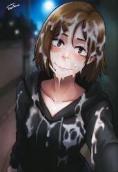 1girls after_bukkake artist_signature black_hoodie brown_eyes brown_hair clothed_female covered_in_cum cum cum_on_chin cum_on_clothes cum_on_face cum_on_hair cumwalk dripping_cum exhibitionism female fully_clothed hoodie in_public jujutsu_kaisen kugisaki_nobara nighttime outdoors public public_indecency satisfied selfie short_hair solo tsuii tsuiimon