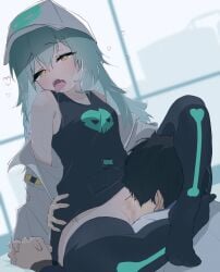 1boy absurdres antonina_(girls'_frontline_nc) aqua_hair arm_around_back black_hair black_tank_top black_thighhighs blush breasts censored collarbone cunnilingus faceless faceless_male female full_body girls'_frontline_neural_cloud hair_between_eyes hat headlock heart heart_in_eye heavy_breathing highres interlocked_fingers jacket long_hair looking_at_another mosaic_censoring off_shoulder open_mouth oral professor_(girls'_frontline_nc) ryunosuke_nikaido saliva short_hair skull small_breasts straight sweat symbol_in_eye tank_top thighhighs tongue tongue_out torogao white_hat white_jacket yellow_eyes