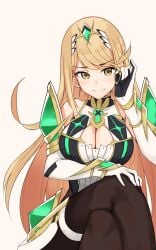 1girls bare_shoulders big_breasts black_pantyhose blonde_hair chest_jewel choker cleavage_cutout clothing_cutout collarbone commentary core_crystal crossed_legs dress elbow_gloves gloves high_res lace lace_choker long_hair microdress mythra mythra_(massive_melee)_(xenoblade) oliver_koito pantyhose swept_bangs thigh_strap tiara very_long_hair white_dress white_gloves xenoblade_(series) xenoblade_chronicles_2 yellow_eyes