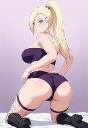 ai_generated back_view big_ass big_breasts big_butt blonde_hair blue_eyes boots civitai dolphin_shorts fishnets hair_over_one_eye ino_yamanaka kneeling large_ass long_hair naruto naruto_(series) naruto_shippuden ponytail stockings tube_top tubetop