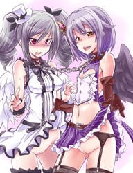 belt black_wings blush bondage bow chains collar dress dress_lift elbow_gloves femsub garter_belt garter_straps gloves hair_ornament hat hat_bow hat_ribbon heart highres idolmaster idolmaster_cinderella_girls kanzaki_ranko kobayashi_tetsuya koshimizu_sachiko lavender_hair linked_collar looking_at_viewer multiple_girls multiple_subs no_panties open_mouth pussy red_eyes ribbon short_hair skirt skirt_lift slave thighhighs tied_hair twintails uncensored white_wings wings wrist_cuffs yellow_eyes