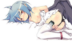 1girls arms_behind_back ass bare_shoulders bat_wings black_panties blue_hair blush bondage breasts female insertion iphone looking_at_viewer lying nipples noya_makoto on_side panties phone pointy_ears pussy_juice pussy_juice_drip red_eyes remilia_scarlet short_hair slit_pupils solo thighhighs topless touhou underwear underwear_only vibrator vibrator_in_thighhighs vibrator_under_panties white_legwear wings