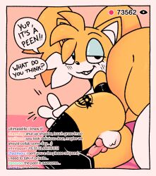 2_tails anthro ass ass_tattoo balls clothing feminine_tails genitals gesture girly hi_res knot latex_armwear latex_stockings leg_tattoo legwear livestream makeup male multi_tail penis ponporio_(artist) sega solo sonic_(series) sonic_the_hedgehog_(series) stockings stream_chat tails tattoo twintails_(hairstyle) v_sign