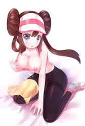 :o bad_id blue_eyes blush bra breasts brown_hair cum cum_on_body cum_on_breasts cum_on_upper_body double_bun female female_only highres human kneeling large_breasts lingerie long_hair nintendo nipples pantyhose pokemon pokemon_bw2 ririko_(zhuoyandesailaer) rosa_(pokemon) sneakers solo tied_hair topless twintails underwear visor_cap yokozuwari