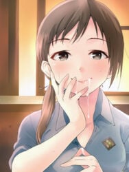 1girls after_sex blush breasts brown_eyes brown_hair cleavage cum cum_in_mouth facial female idolmaster idolmaster_cinderella_girls long_hair looking_at_viewer nitta_minami polo_shirt sakayama_shinta smile solo sweat