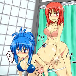 2futas bathroom bikini blue_eyes blue_hair blue_hair_bottom blush breasts canon_genderswap domination duo futa_on_futa futa_only futa_with_futa futadom futanari fuyu_sato intersex kampfer large_breasts light_hair_on_dark_hair mishima_akane multiple_futa multiple_girls open_mouth penis red_eyes red_hair red_hair_on_blue_hair red_hair_top senou_natsuru short_hair smile strap-on swimsuit testicles