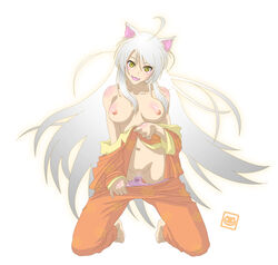 animal animal_ear bakemonogatari barefoot bikklebokkle black_hanekawa bra breasts censored cute_fang ear eyes female hair hanekawa_tsubasa highres kneeling long_hair monogatari_(series) mouth nipples open pajamas panties pink pussy pussy_juice silver_hair slit solo topless underwear undressing yellow_eyes