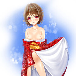 1girls bare_shoulders bob_cut breasts brown_hair clothes_down female highres japanese_clothes masturbation nipples no_bra no_panties open_clothes original pussy_juice red_eyes setona_(daice) short_hair solo