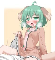 ahoge animal_ear blush brown_dress cowgirl_position cute_fang dress dress_lift erect_nipples green_eyes green_hair highres jackalman kyouko_kasodani long_sleeves oden_(artist) open_mouth saliva sex short_hair solo straddle sweat tail thundercats touhou