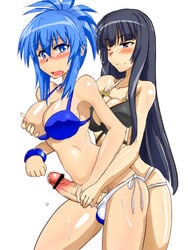 2girls bikini black_hair blue_eyes blue_hair blush breast_grab breasts canon_genderswap censored cleavage futa_with_female futanari fuyu_sato handjob intersex kampfer long_hair lowres multiple_girls nipples open_mouth penis penis_grab precum purple_eyes saliva sangou_shizuku senou_natsuru simple_background sweat swimsuit tear testicles wink