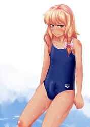 1boy arms_at_sides bare_legs bare_shoulders blonde_hair blush braid braided_hair bulge collarbone color competition_swimsuit crossdressing daisuke embarrassed erection_under_clothes femboy flat_gaze front_view girly hair_ribbon hairbow human kirisaki_akihito light_skin long_hair looking_at_viewer male male_only marisa_kirisame one-piece_swimsuit penis_under_clothes pigtails ribbon rule_63 school_swimsuit solo solo_focus speedo swimsuit touhou trap wavy_mouth wet white_skin yellow_eyes