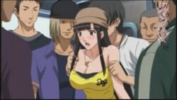 1girls 6boys animated assisted_exposure black_hair blush bouncing_breasts breasts crimson_girls crimson_girls_chikan_shihai embarrassed female flashing kuroha_mitsu long_hair lowres multiple_boys necklace nipples open_mouth pendant surprised tank_top train undressing