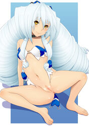 anus bad_anatomy bandeau barefoot bikini blush censored choker cute_fang drill_hair feet gray_hair grey_hair hair_ornament kyoukaisenjou_no_horizon light_smile long_hair looking_at_viewer midriff nate_mitotsudaira navel o-ring_top pussy silver silver_hair sitting smile solo spread_legs tomatto_(@ma!) vagina very_long_hair wardrobe_malfunction yellow_eyes