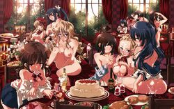 :p apple ass black_hair blonde_hair blue_eyes blush bottle bread breasts brown_hair cake candle chair condom cup female food fruit glasses green_eyes harem highres hood kissing large_breasts little_red_riding_hood long_hair looking_at_viewer mouth_hold multiple_girls nipples nude original panties plate ponytail purple_eyes red_eyes school_uniform seifuku serafuku short_hair sitting skirt smile strawberry table tied_hair tongue underwear wine wine_glass yamazaki_kazu yuri