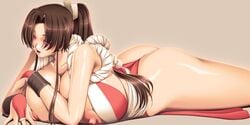 areola_slip areolae ass back bare_back bare_shoulders big_ass blush bow breast_press breasts brown_hair cleavage collarbone curvy fatal_fury female female_only fingerless_gloves fire from_behind gloves hair hair_ornament hairbow happy high_ponytail highres huge_ass huge_breasts human japanese_clothes kimono king_of_fighters large_areolae legs long_hair looking_at_viewer lying mai_shiranui nipples nude on_stomach open_mouth ponytail puffy_nipples red_eyes short_kimono sideboob smile solo tied_hair tongue wakino_keibun