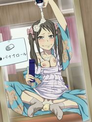 areolae banana black_hair blush bow brown_eyes cellphone censored clothing cream dom feet female food hanasaku_iroha hands heart insertion jiromike2000 kimono long_hair maid mirror nipples no_shoes nyarimia pussy ribbon self_shot sign sitting socks solo spread_legs text translated tsurugi_minko