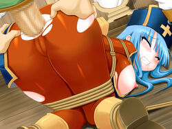 1girls anal anal_only ass ass_grab blue_hair blush bondage breasts censored clenched_teeth clothed_sex clothing cross dragon_quest dragon_quest_iii female fighter_(dq3) forced long_hair looking_back medium_breasts nipples no_bra no_panties priest_(dq3) saliva spread_anus tear teeth torn_clothes trubka