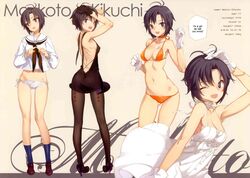 bikini breasts cameltoe character_sheet cleavage dress female female_only gloves hard_translated high_heels highres human idolmaster jpeg_artifacts makoto_kikuchi multiple_females multiple_girls ooyari_ashito panties pantyhose school_uniform translated