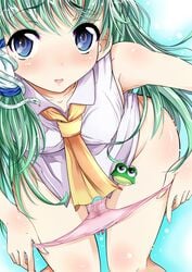 alternate_costume ascot bare_arms bare_legs bare_shoulders bent_over blue_eyes blush breasts erect_nipples female frog_hair_ornament goya goya_(team_harenchi) green_hair hair_ornament hair_tubes high_resolution leaning_forward long_hair looking_at_viewer mound_of_venus no_pants open_mouth panties panty_pull pink_panties pussy_juice pussy_juice_drip pussy_juice_stain sanae_kochiya school_uniform sleeveless smile snake solo touhou underwear wet_panties