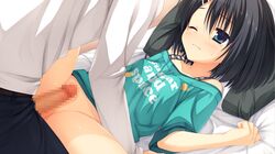 1boy black_hair blue_eyes bottomless censored dracu-riot! female grinding kobuichi lying mera_azusa muririn outercourse penis short_hair spread_legs tear wince yuzu-soft