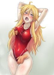 1girls ardnades armpits arms_up ben-tou blonde_hair blue_eyes blush breast_grab clothed_navel competition_swimsuit fingering glasses groping long_blonde_hair long_hair molestation one-piece_swimsuit open_mouth pussy_juice red_one-piece_swimsuit red_swimsuit shaga_ayame sole_female solo_female sweat swimsuit trembling