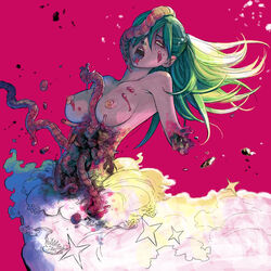 1girls ahe_gao amputee blood breasts dress entrails female first_porn_of_franchise gore green_hair guro hair_over_one_eye injury large_breasts long_hair mahito_(tranjistor) nipples open_mouth organs pink_background ponytail solo tied_hair tongue tongue_out topless wedding_dress yurikawa_saki zombie zombie-ya_reiko