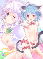 2girls ahoge animal_ears blue_eyes blue_hair blush bottomless bow bowtie braid breasts cat_ears cat_tail covering covering_crotch flat_chest frilled_legwear frills hair_ribbon index_finger_raised kemonomimi_mode lavender_hair looking_at_viewer mike_(mikenekotei) multiple_girls navel nipples no_bra no_panties open_mouth pussy_juice raised_finger red_eyes remilia_scarlet ribbon sakuya_izayoi shirt_lift short_hair silver_hair single_thighhigh smile tail thighhighs touhou underwear v_arms white_legwear wink