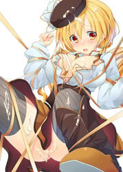 black_legwear blonde_hair blush bondage breasts cleavage corset cum cum_on_body cum_on_breasts cum_on_clothes cum_on_lower_body cum_on_upper_body dress drill_hair facial female female_only hair_ornament hat highres human large_breasts long_hair magical_girl mahou_shoujo_madoka_magica no_panties ogadenmon open_mouth ribbon ribbon_bondage solo thighhighs tomoe_mami yellow_eyes