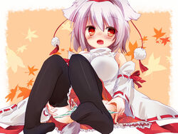 animal_ears blush cute_fang detached_sleeves gray_hair hat leaf llaoi_h maple_leaf momiji_inubashiri open_mouth panties panty_pull pussy_juice red_eyes short_hair silver_hair solo striped striped_panties tokin_hat touhou underwear undressing wide_sleeves wolf_ears wolfgirl