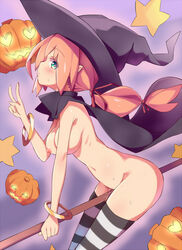 1girls aqua_eyes bangle blush bracelet breasts broom broom_riding female hair_ribbon hat jack-o'-lantern jewelry long_hair looking_at_viewer naked_female naked_scarf naked_stockings naked_thighhighs nipples nude orange_hair original pointy_ears pumpkin pussy_juice ribbon side_view sitting solo star stockings striped striped_legwear thighhighs unacchi_(nyusankin) v witch_hat