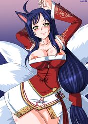 ahri animal_ears areolae blue_hair blush breasts clitoris detached_sleeves facial_mark female fox_ears fox_tail large_breasts league_of_legends long_hair multiple_tails murasaki_(konekomilk) nipple_slip nipples no_panties pubic_hair smile tail