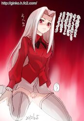 boots fate/zero fate_(series) ginko_(silver_fox) irisviel_von_einzbern long_hair no_legwear no_panties pussy red_eyes sitting text thigh_boots thighhighs translation_request white_hair